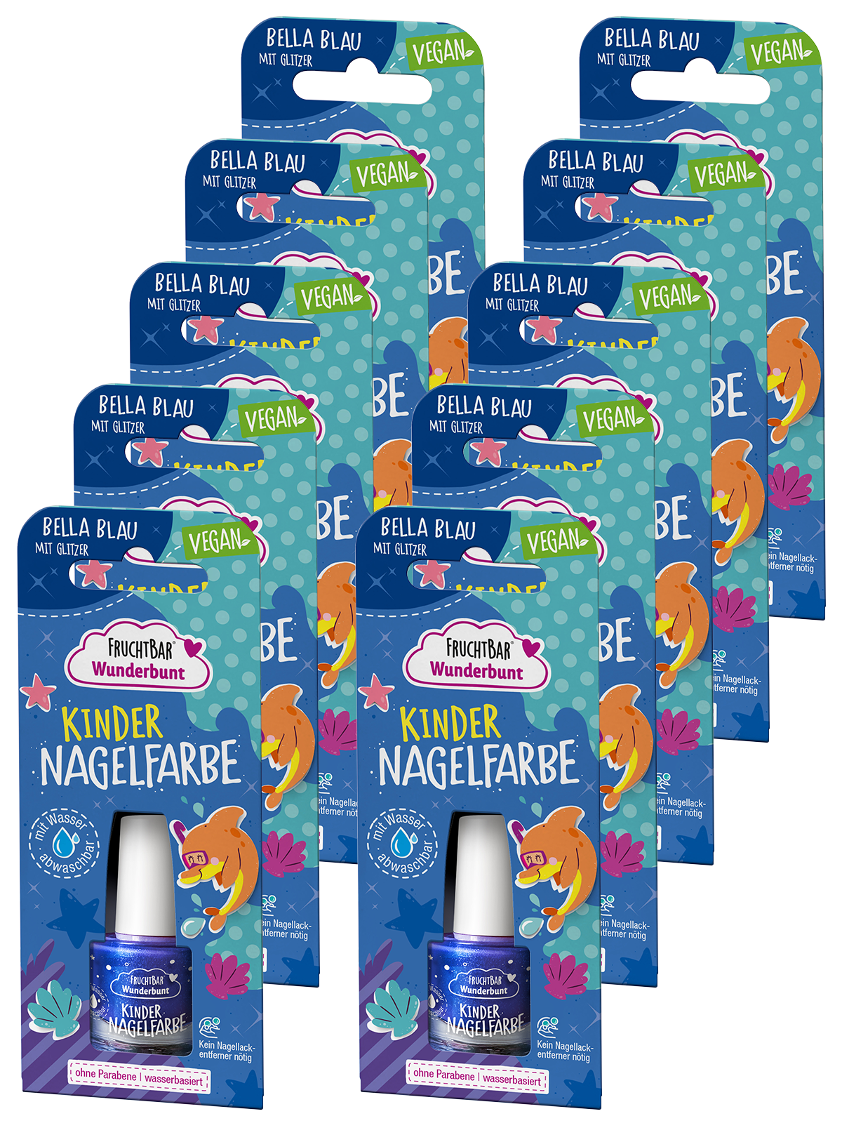 Kinder Nagelfarbe Bella Blau mit Glitzer - FruchtBar Wunderbunt - 10er Vorratspack - Vorderseite