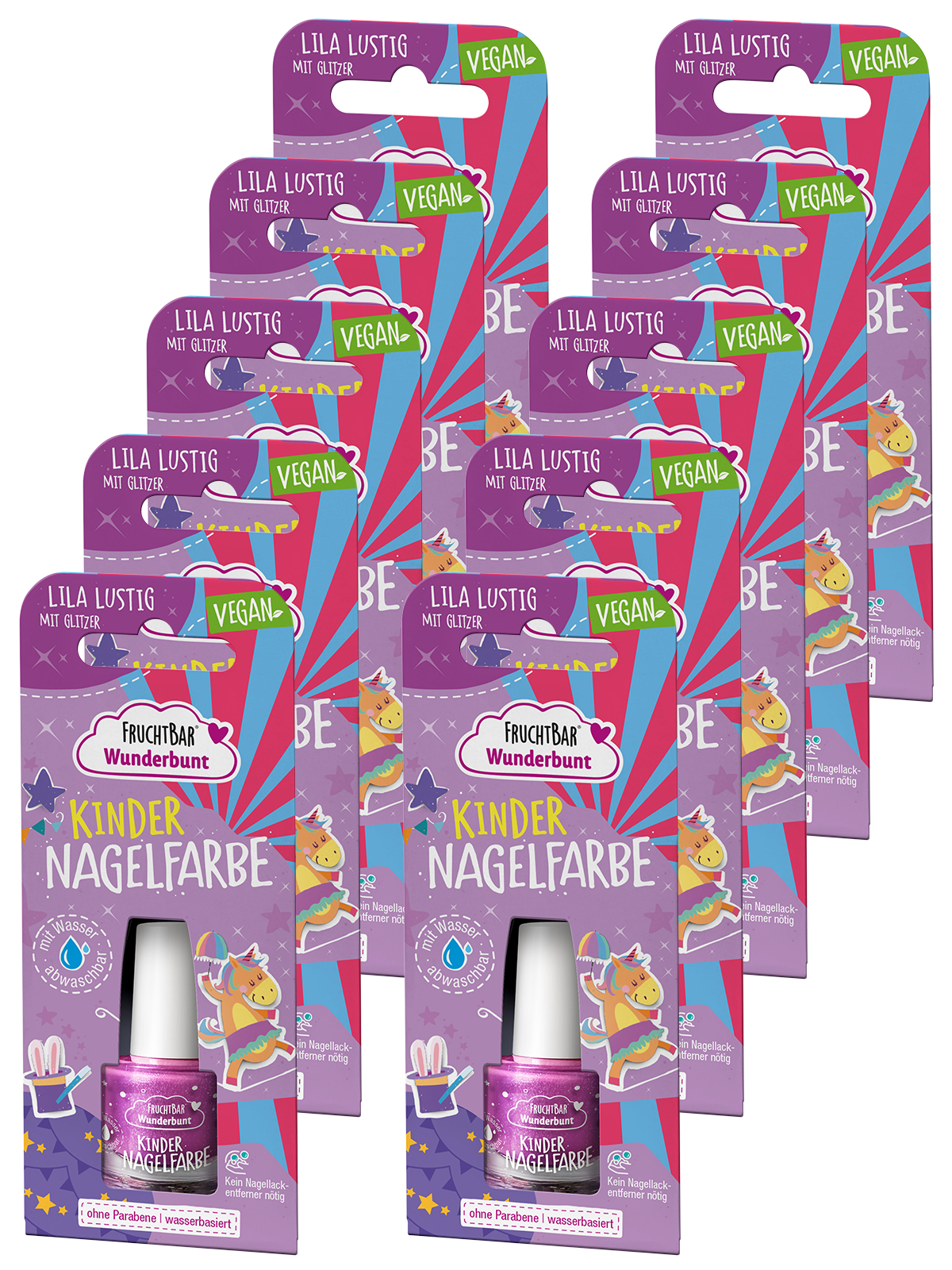 Kinder Nagelfarbe Lila Lustig mit Glitzer- FruchtBar Wunderbunt - 10er Vorratspack - Vorderseite