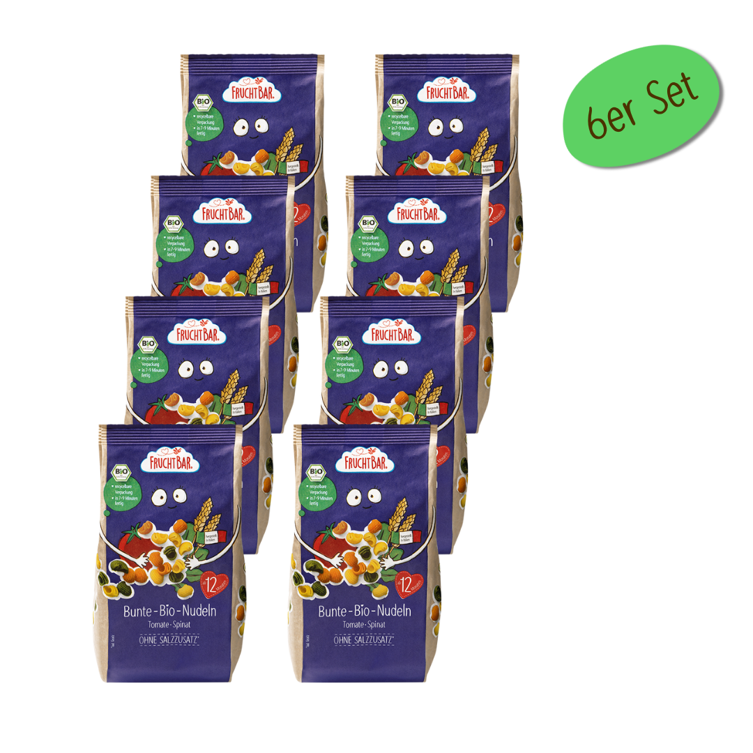 Bunte Bio Nudeln Tomate, Spinat - FruchtBar - 8er Vorratspack - Vorderseite