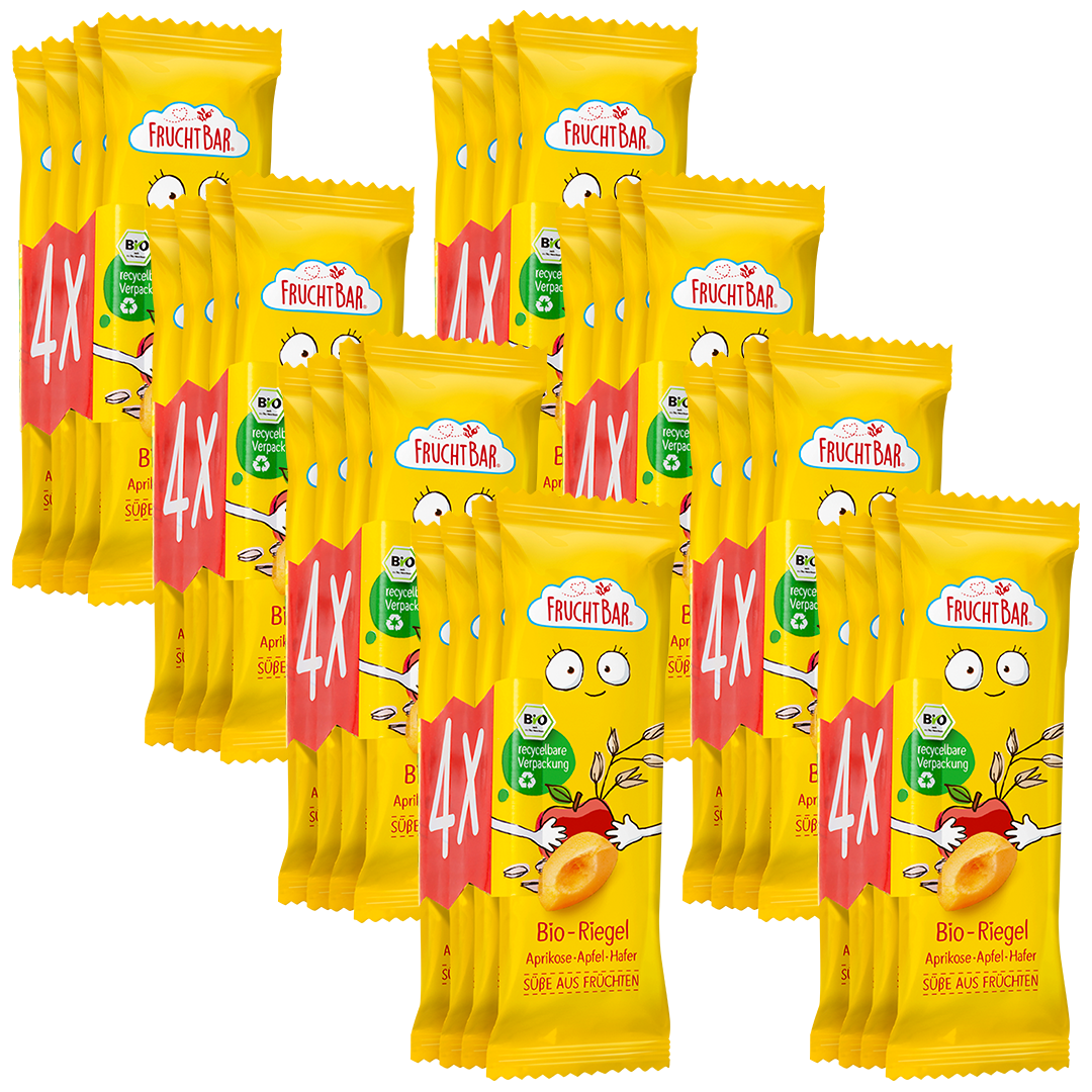 Bio Riegel Aprikose, Apfel, Hafer - FruchtBar - 8er Vorratspack - Vorderseite