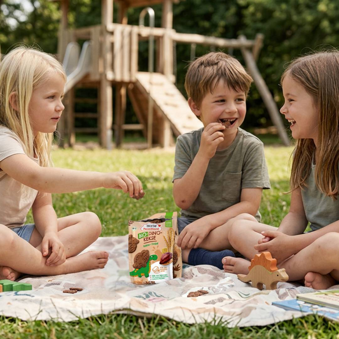 Die Bio Dino Kekse werden von drei Kindern gegessen, während sie draußen auf einer Picknick-Decke sitzen und spielen.