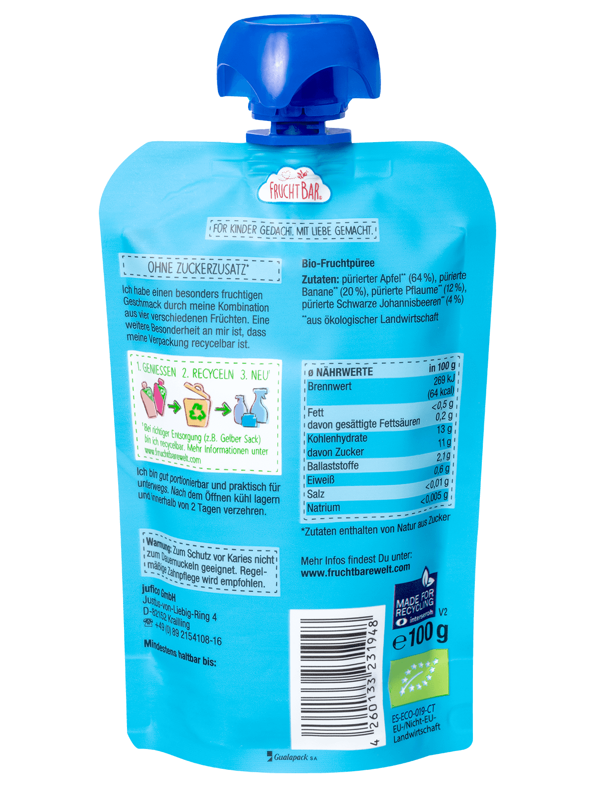 Bio Quetschie Pflaume, Banane, Apfel, Schwarze Johannisbeere - FruchtBar - Einzelstück - Rückseite