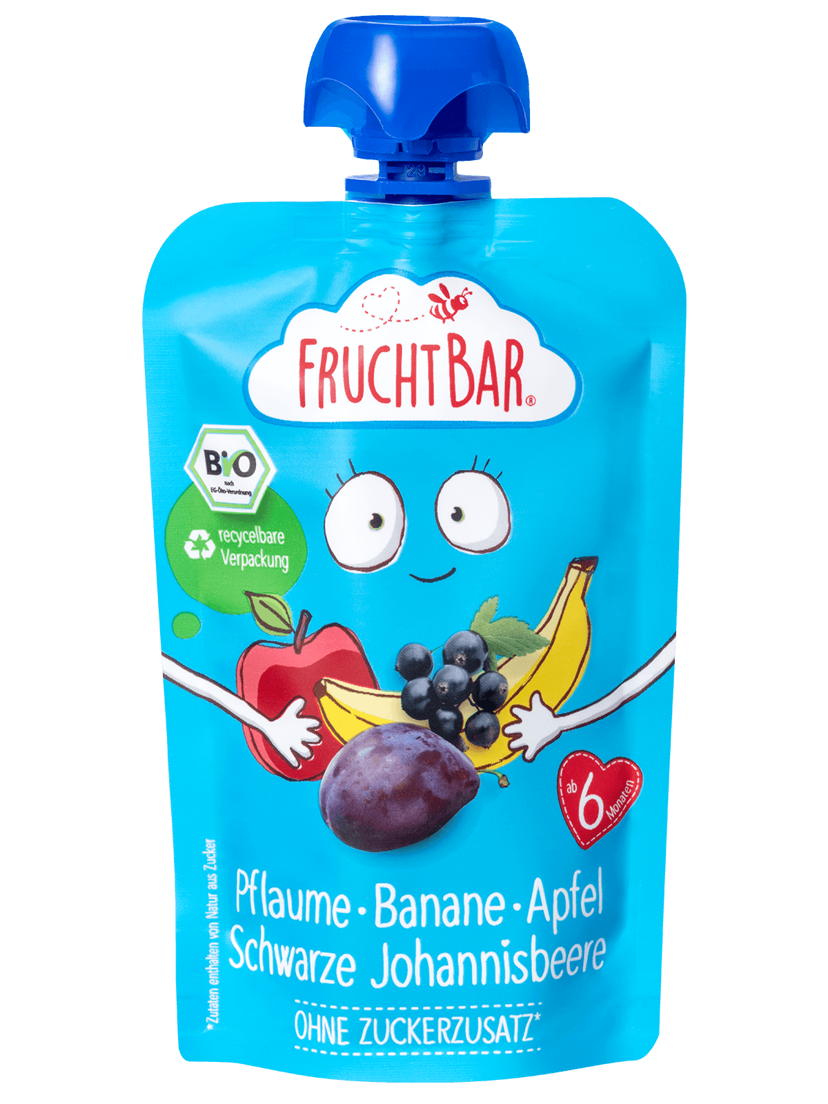 Bio Quetschie Pflaume, Banane, Apfel, Schwarze Johannisbeere - FruchtBar - Einzelstück - Vorderseite