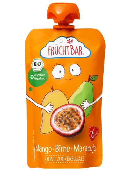 Bio Quetschie Mango, Birne, Maracuja, 120g - FruchtBar - Einzelstück - Vorderseite