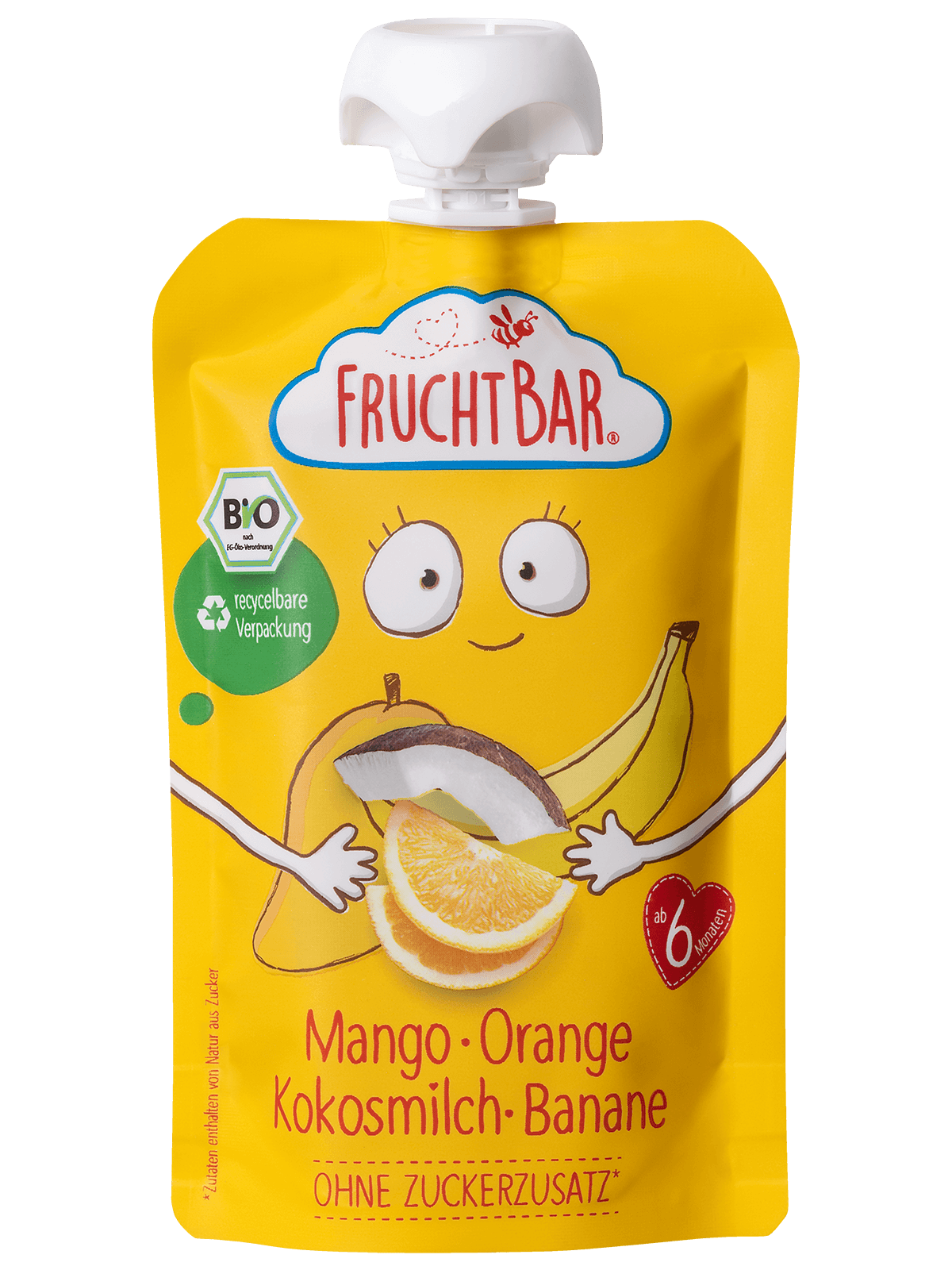 Bio Quetschie Mango, Orange, Kokosmilch, Banane - FruchtBar - Einzelstück - Vorderseite