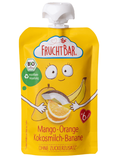 Bio Quetschie Mango, Orange, Kokosmilch, Banane - FruchtBar - Einzelstück - Vorderseite