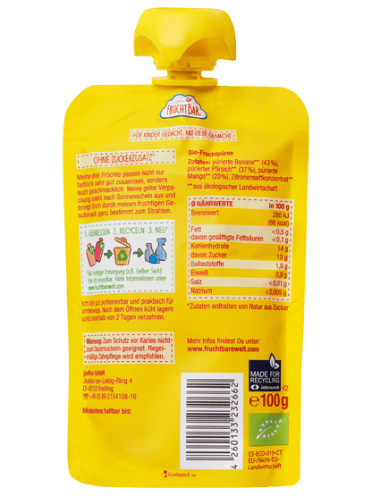 Bio Quetschie Mango, Pfirsich, Banane - FruchtBar - Einzelstück - Rückseite