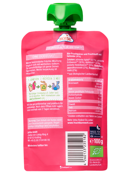 Bio Quetschie Erdbeere, Heidelbeere, Apfel, Vollkorn - FruchtBar - Einzelstück - Rückseite