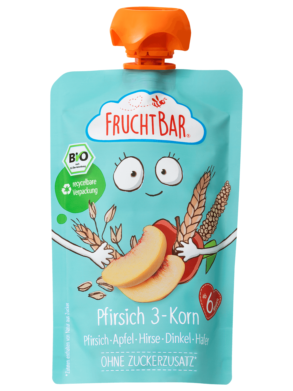 Bio Quetschie Pfirsich 3-Korn - FruchtBar - Einzelstück - Vorderseite