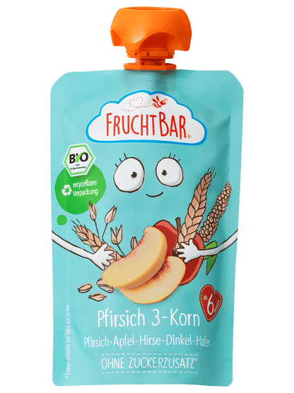 Bio Quetschie Pfirsich 3-Korn - FruchtBar - Einzelstück - Vorderseite