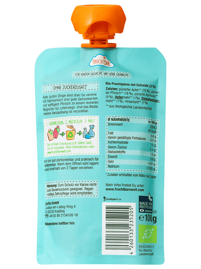 Bio Quetschie Pfirsich 3-Korn - FruchtBar - Einzelstück - Rückseite