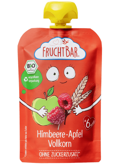 Bio Quetschie Himbeere, Apfel, Vollkorn - FruchtBar - Einzelstück - Vorderseite