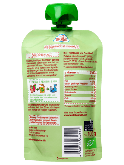 Bio Quetschie Ananas, Mandarine, Mango, Apfel, Banane - FruchtBar - Einzelstück - Rückseite