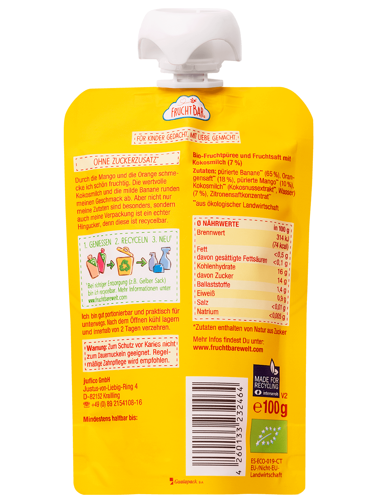 Bio Quetschie Mango, Orange, Kokosmilch, Banane - FruchtBar - Einzelstück - Rückseite