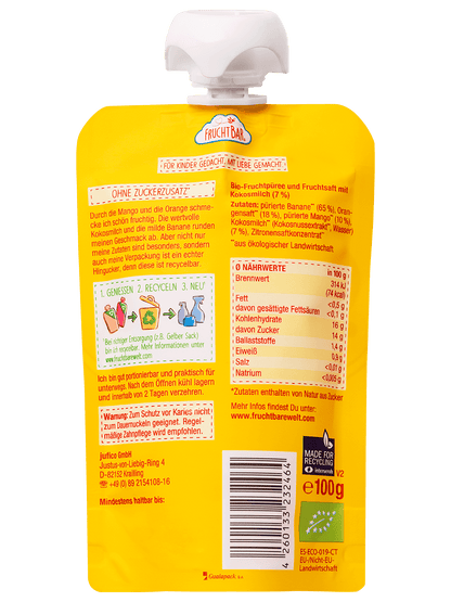 Bio Quetschie Mango, Orange, Kokosmilch, Banane - FruchtBar - Einzelstück - Rückseite