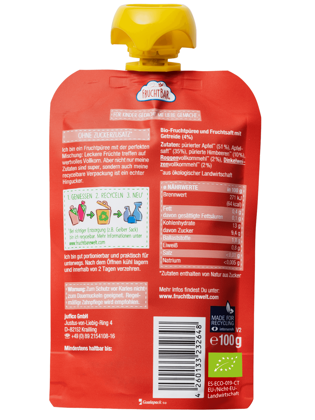 Bio Quetschie Himbeere, Apfel, Vollkorn - FruchtBar - Einzelstück - Rückseite