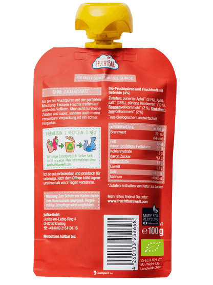 Bio Quetschie Himbeere, Apfel, Vollkorn - FruchtBar - Einzelstück - Rückseite