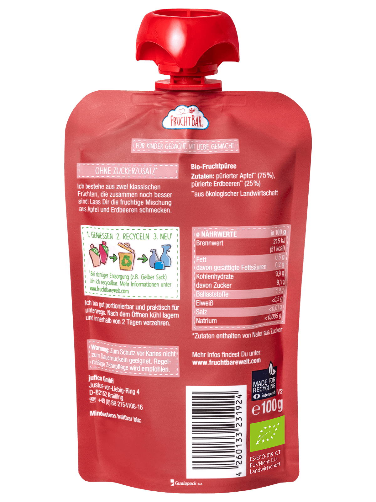 Bio Quetschie Erdbeere, Apfel - FruchtBar - Einzelstück - Rückseite