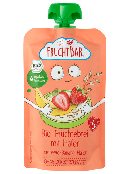 Bio Quetschie Früchtebrei mit Hafer, 120g - FruchtBar - Einzelstück - Vorderseite