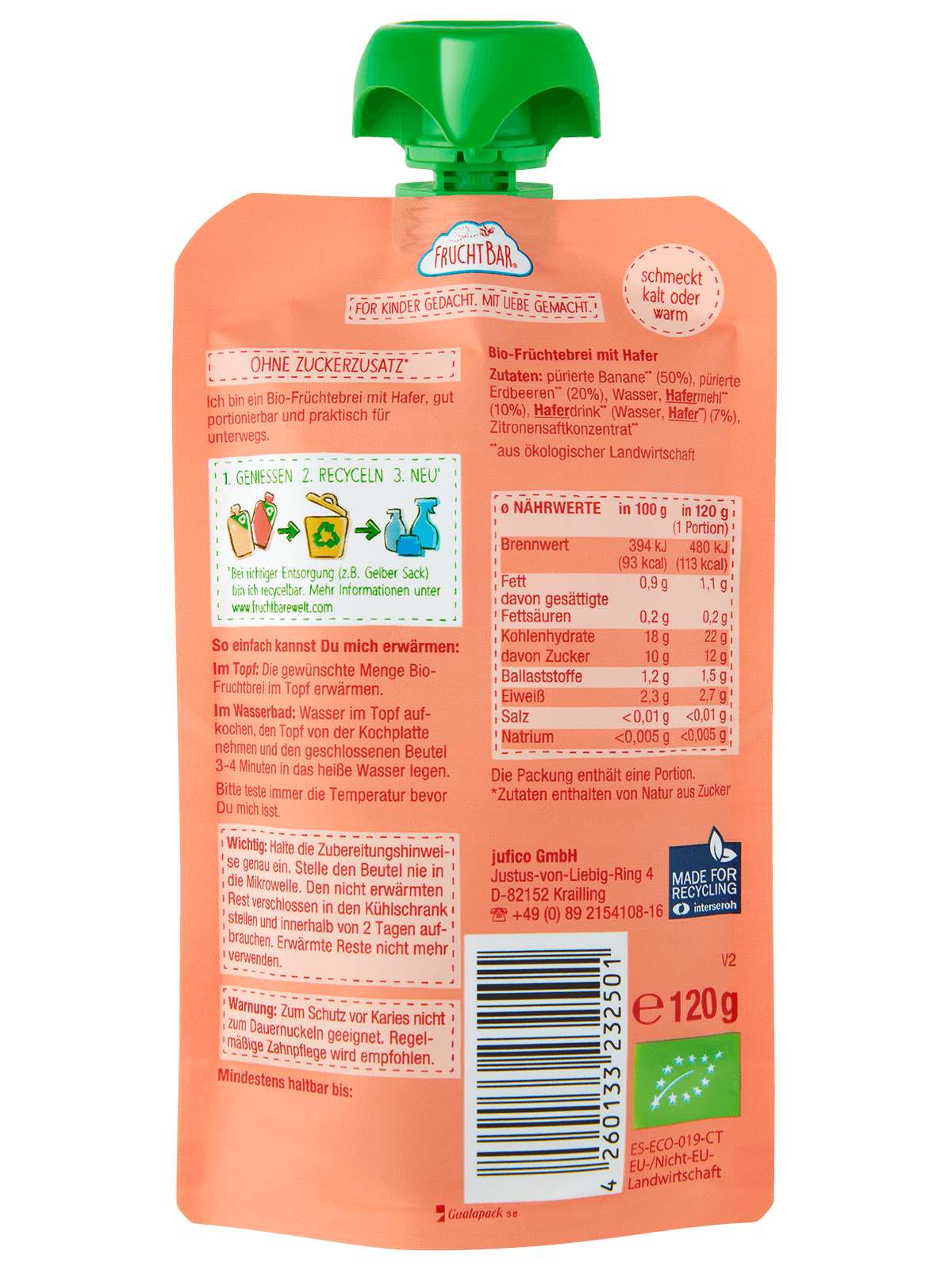 Bio Quetschie Früchtebrei mit Hafer, 120g - FruchtBar - Einzelstück - Rückseite