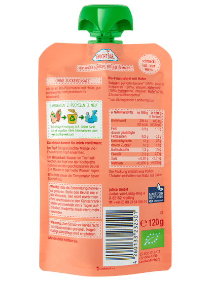Bio Quetschie Früchtebrei mit Hafer, 120g - FruchtBar - Einzelstück - Rückseite