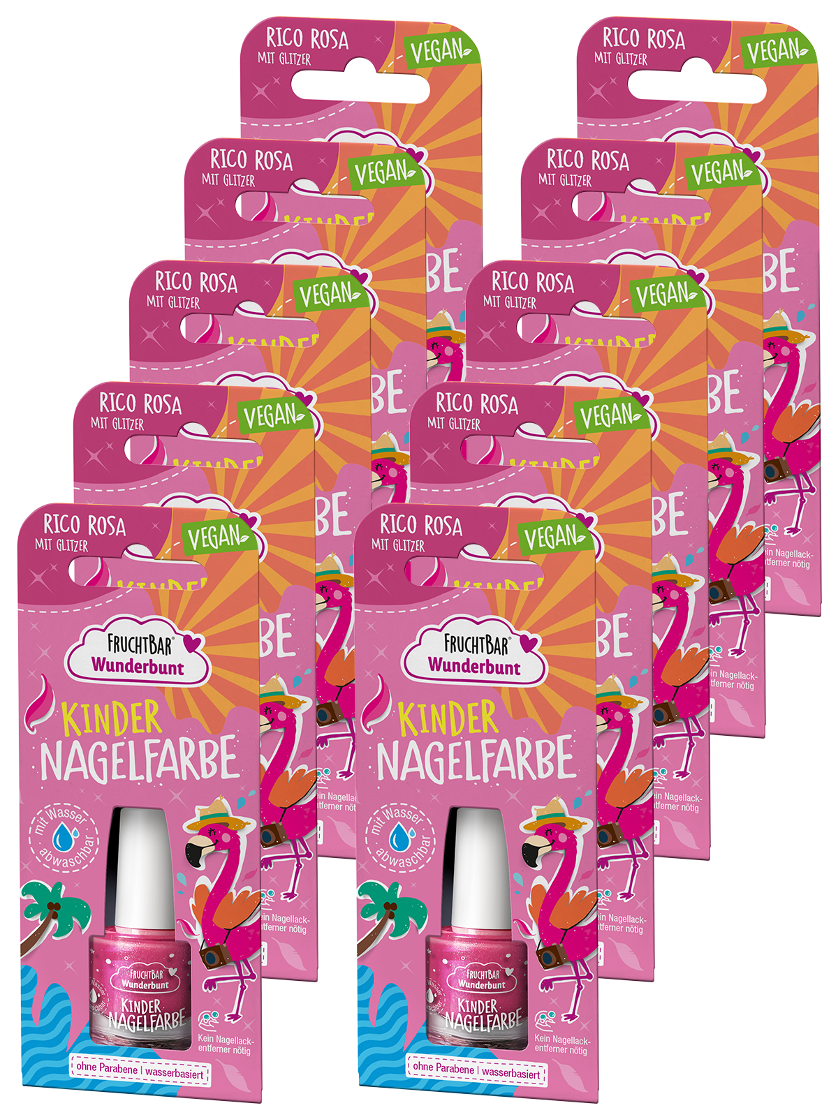 Kinder Nagelfarbe Rico Rosa mit Glitzer - FruchtBar Wunderbunt - 10er Vorratspack - Vorderseite