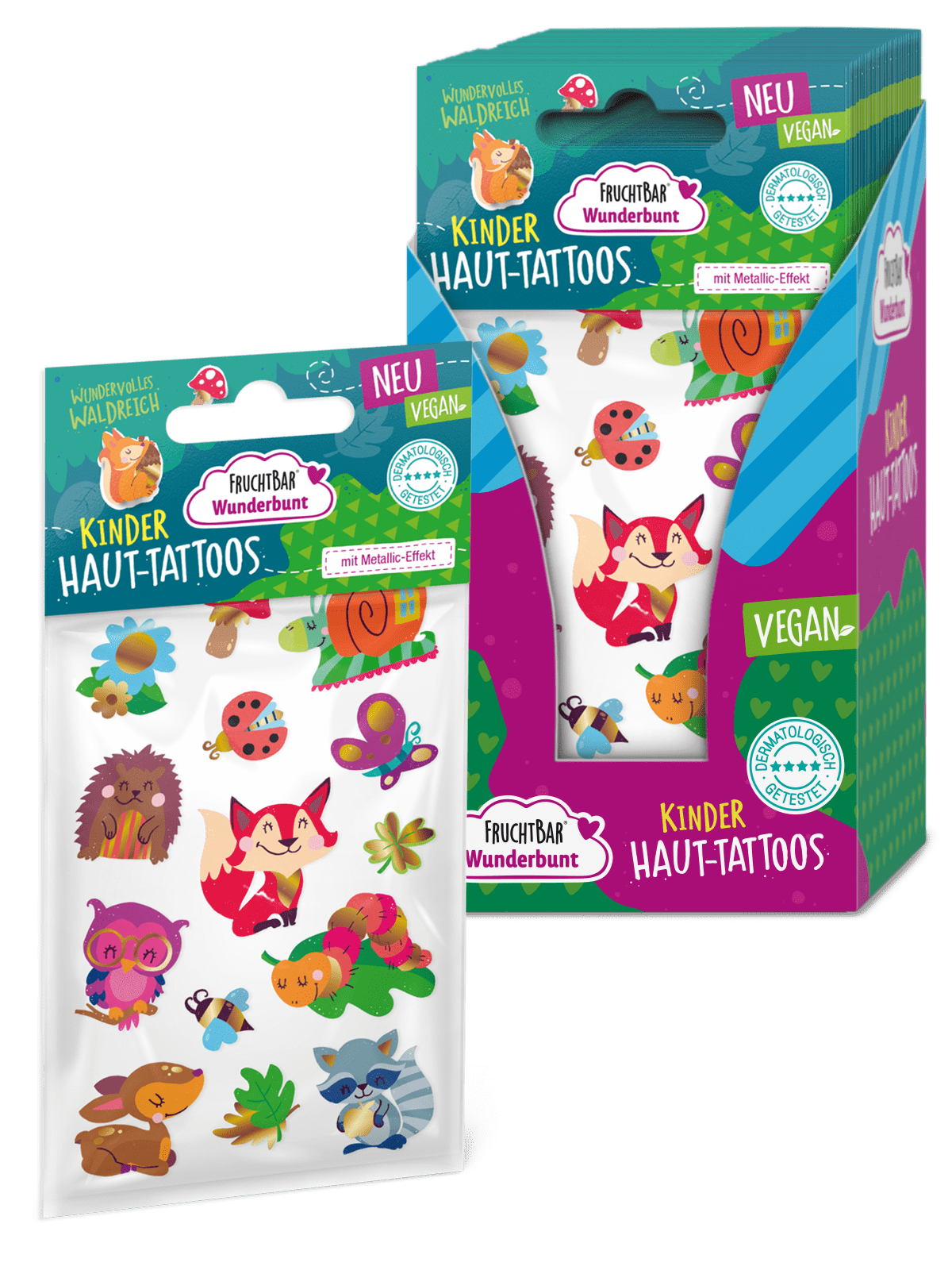 Kinder Haut-Tattoos - Wundervolles Waldreich - FruchtBar Wunderbunt - 50er Vorratspack - Vorderseite