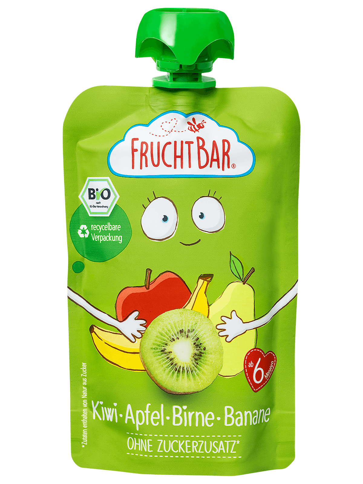 Bio Quetschie Kiwi, Apfel, Birne, Banane - FruchtBar - Einzelstück - Vorderseite