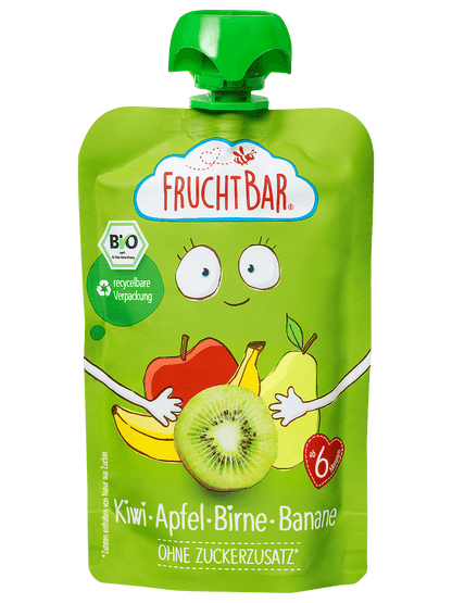 Bio Quetschie Kiwi, Apfel, Birne, Banane - FruchtBar - Einzelstück - Vorderseite