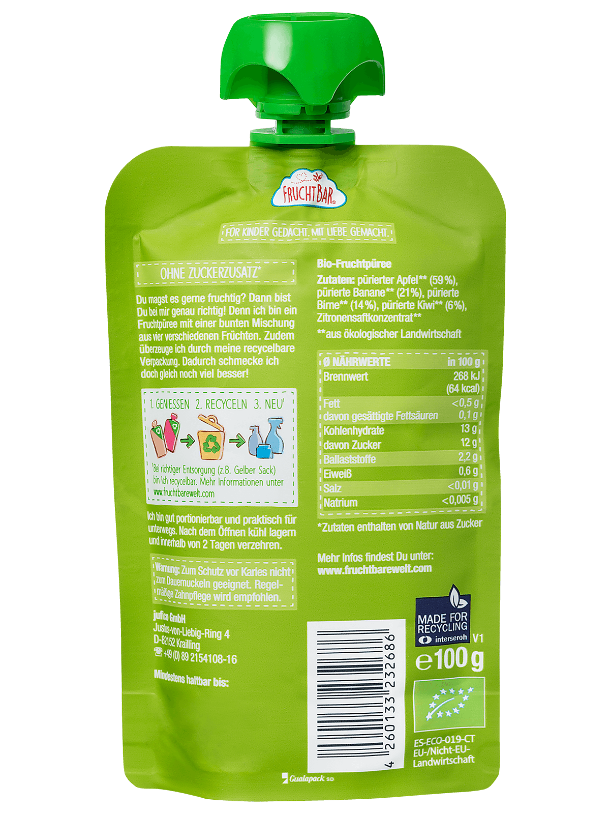 Bio Quetschie Kiwi, Apfel, Birne, Banane - FruchtBar - Einzelstück - Rückseite