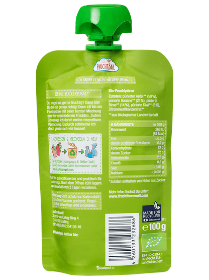 Bio Quetschie Kiwi, Apfel, Birne, Banane - FruchtBar - Einzelstück - Rückseite