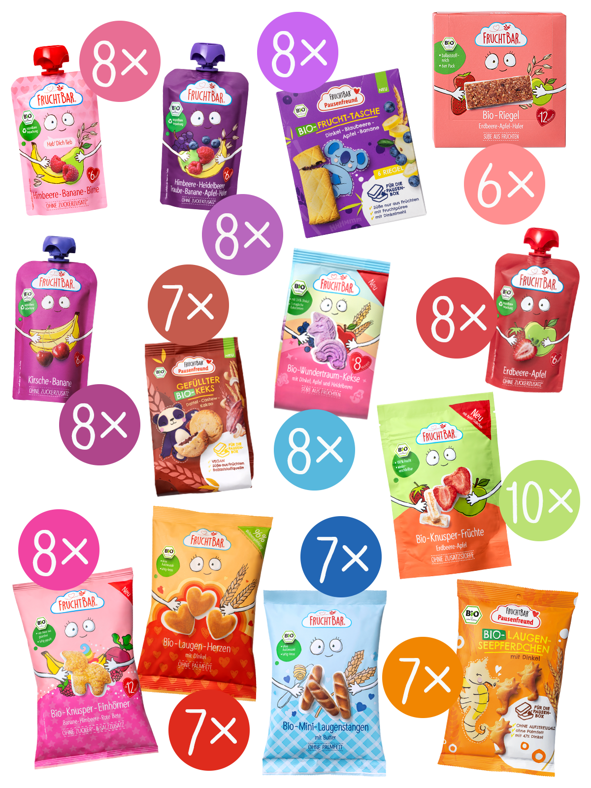 Bio Snacks Probierpaket besteht aus 13 verschiedenen FruchtBar Quetschies, Snacks und Riegeln