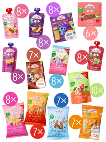 Bio Snacks Probierpaket besteht aus 13 verschiedenen FruchtBar Quetschies, Snacks und Riegeln