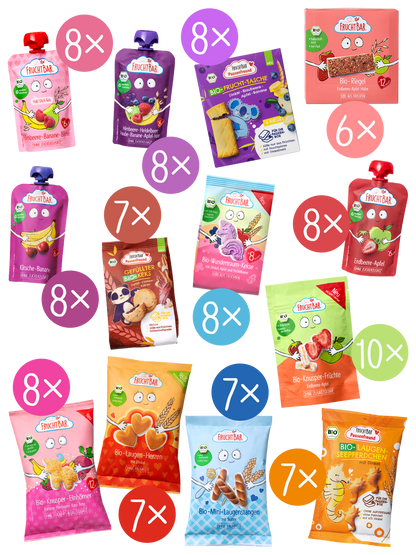 Bio Snacks Probierpaket besteht aus 13 verschiedenen FruchtBar Quetschies, Snacks und Riegeln