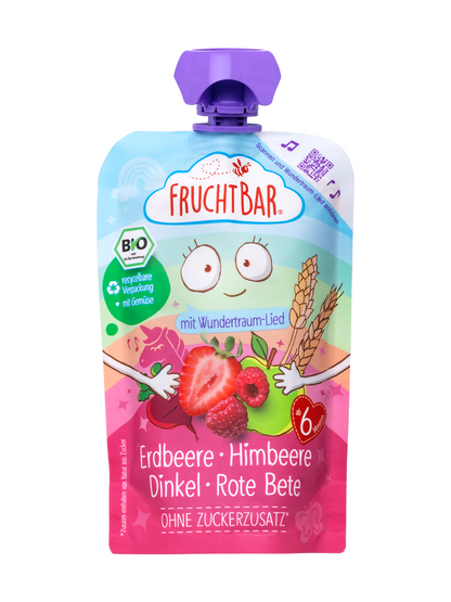 Bio Quetschie Erdbeere, Himbeere, Dinkel, Rote Bete - FruchtBar - Einzelstück - Vorderseite