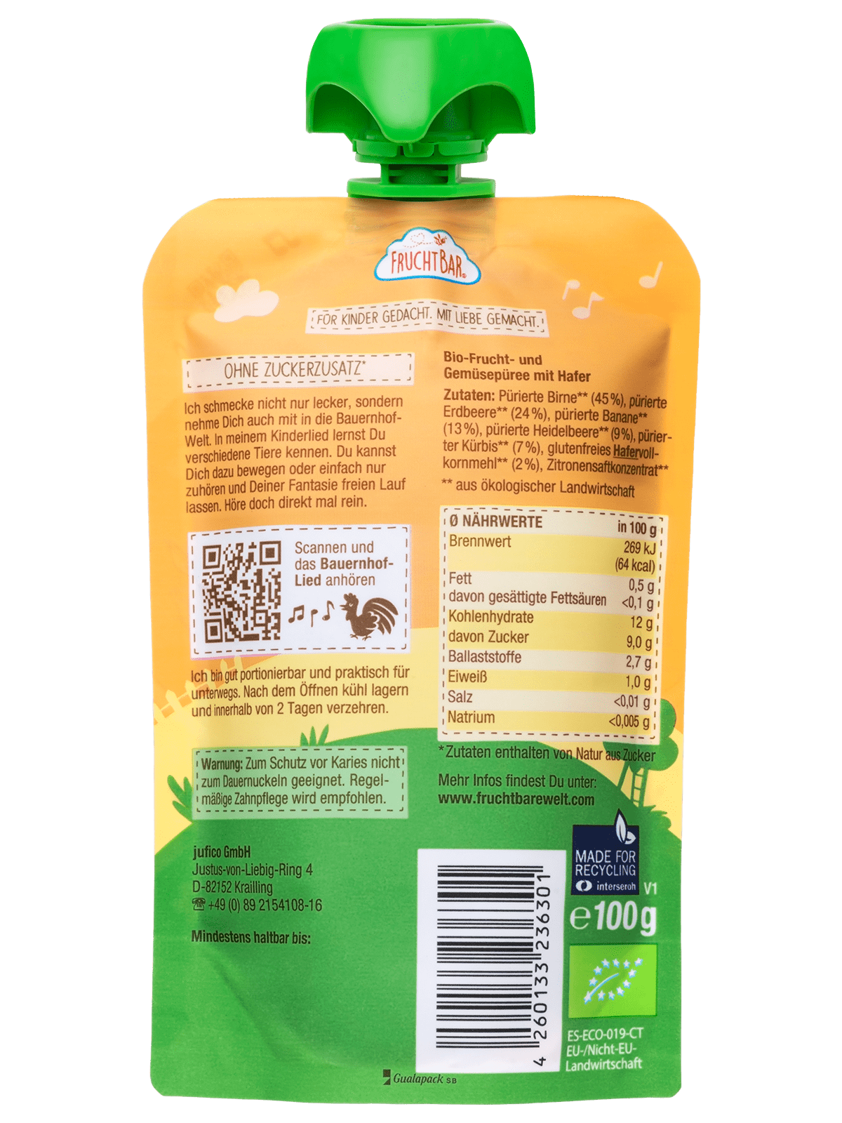 Bio Quetschie Birne, Heidelbeere, Erdbeere, Kürbis, Hafer - FruchtBar - Einzelstück - Rückseite