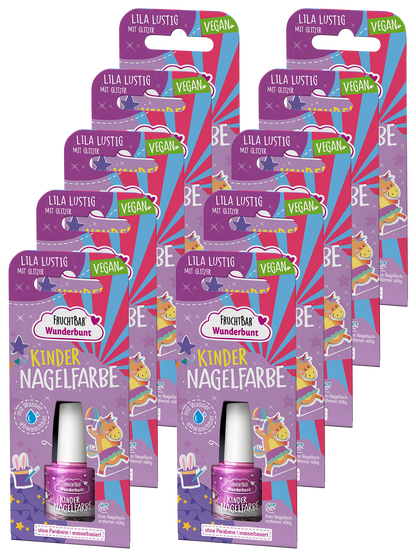 Kinder Nagelfarbe Lila Lustig mit Glitzer- FruchtBar Wunderbunt - 10er Vorratspack - Vorderseite