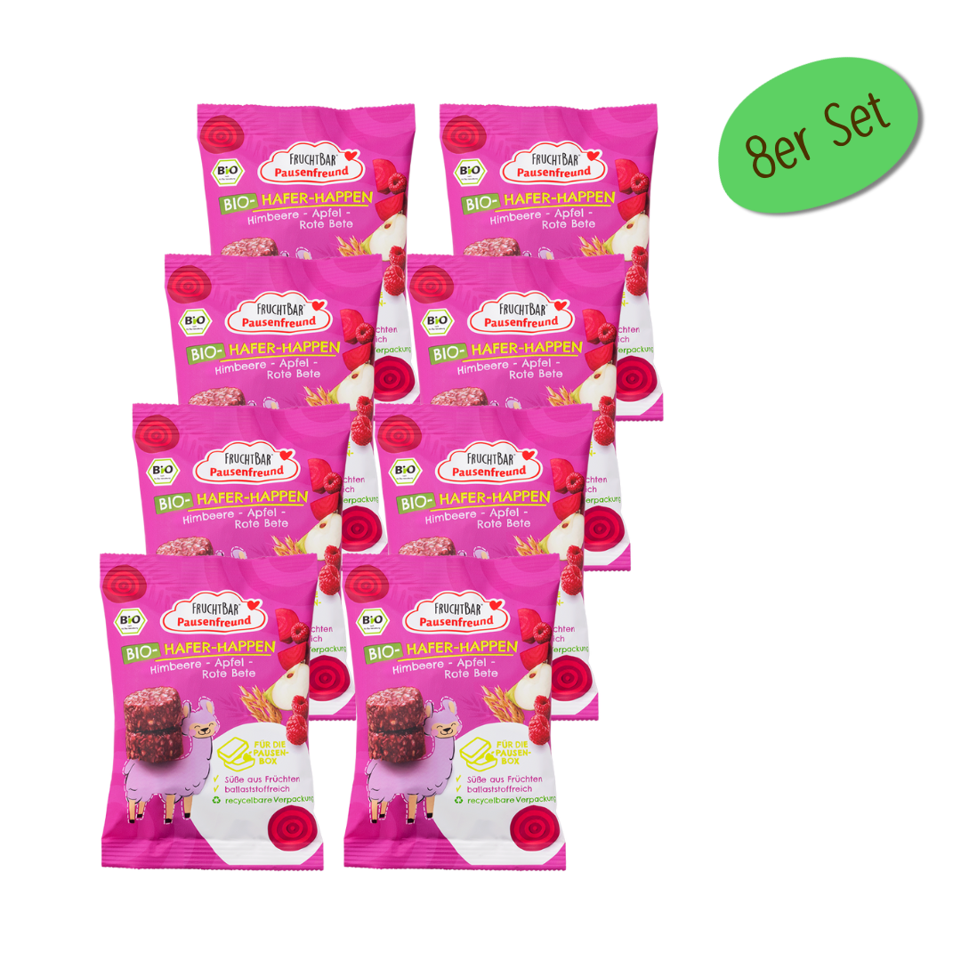 Bio Hafer Happen Himbeere, Apfel, Rote Bete - FruchtBar Pausenfreund - 8er Vorratspack - Vorderseite