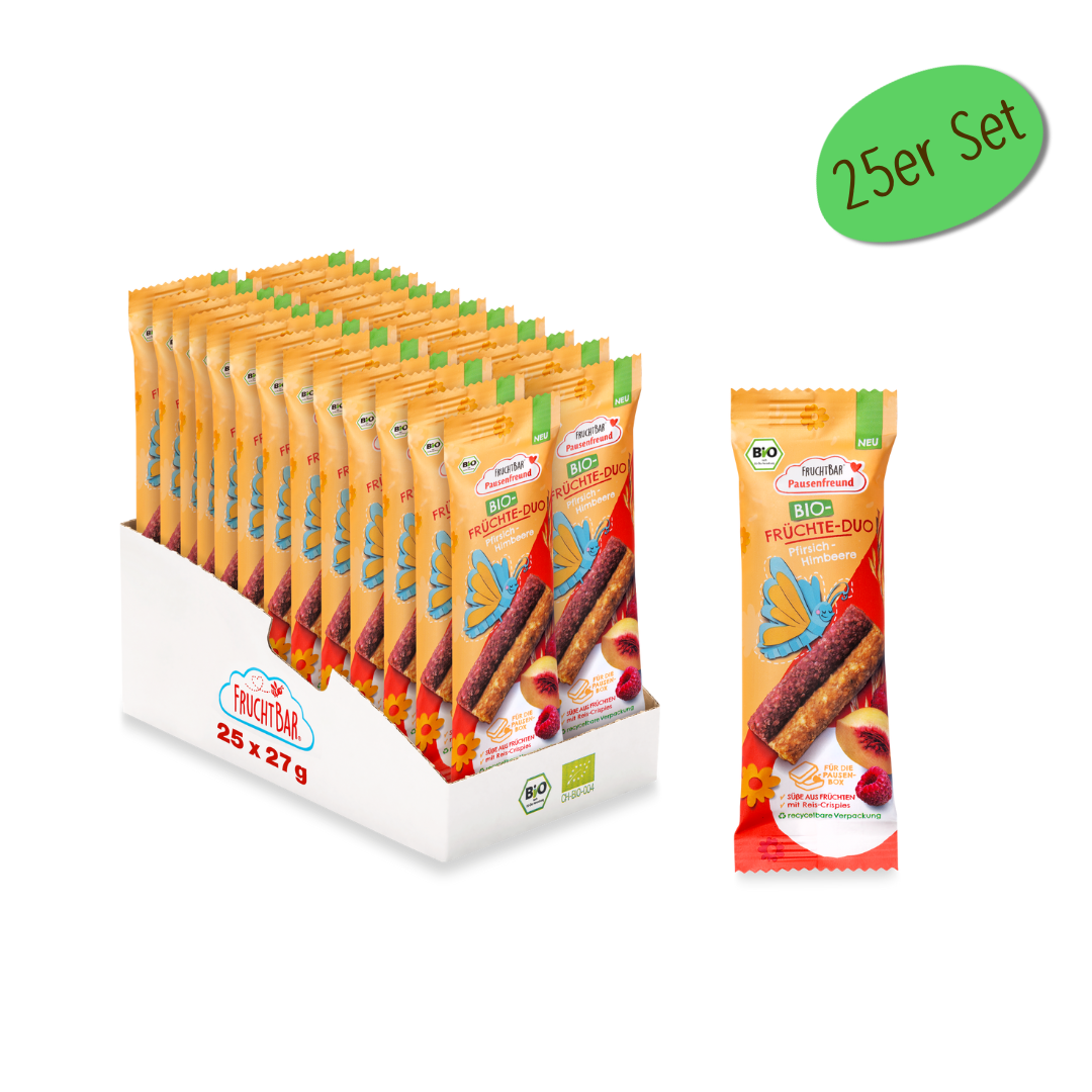 Bio Früchte Duo Pfirsich Himbeere - FruchtBar Pausenfreund - 25er Vorratspack - Vorderseite
