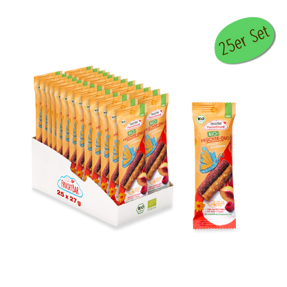 Bio Früchte Duo Pfirsich Himbeere - FruchtBar Pausenfreund - 25er Vorratspack - Vorderseite