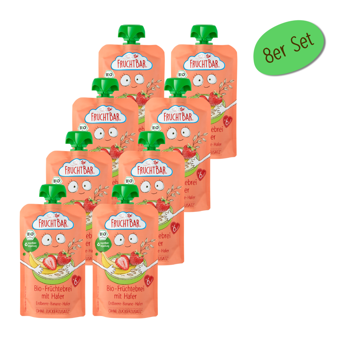 Bio Quetschie Früchtebrei mit Hafer, 120g - FruchtBar - 8er Vorratspack - Vorderseite