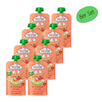 Bio Quetschie Früchtebrei mit Hafer, 120g - FruchtBar - 8er Vorratspack - Vorderseite