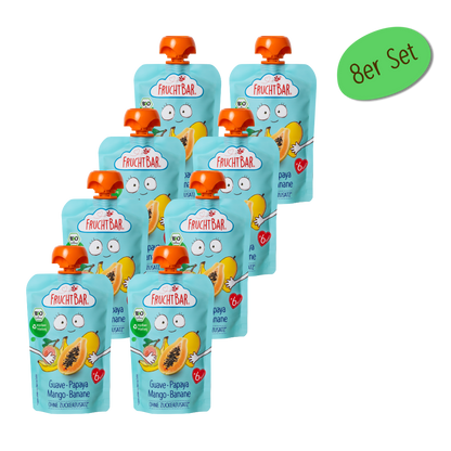 Bio Quetschie Guave, Papaya, Mango, Banane - FruchtBar - 8er Vorratspack - Vorderseite