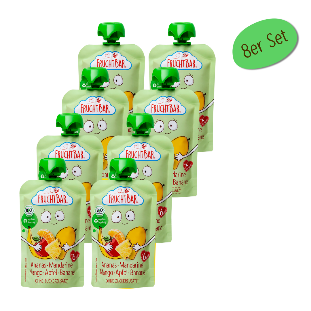 Bio Quetschie Ananas, Mandarine, Mango, Apfel, Banane - FruchtBar - 8er Vorratspack - Vorderseite