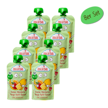 Bio Quetschie Ananas, Mandarine, Mango, Apfel, Banane - FruchtBar - 8er Vorratspack - Vorderseite