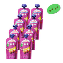 Bio Quetschie Himbeere, Heidelbeere, Traube, Banane, Apfel, Hafer - FruchtBar - 8er Vorratspack - Vorderseite