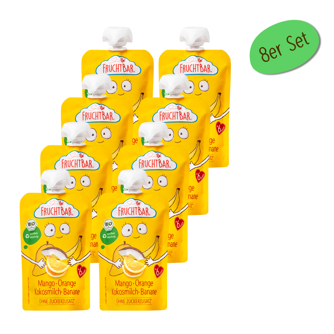 Bio Quetschie Mango, Orange, Kokosmilch, Banane - FruchtBar - 8er Vorratspack - Vorderseite