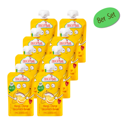 Bio Quetschie Mango, Orange, Kokosmilch, Banane - FruchtBar - 8er Vorratspack - Vorderseite
