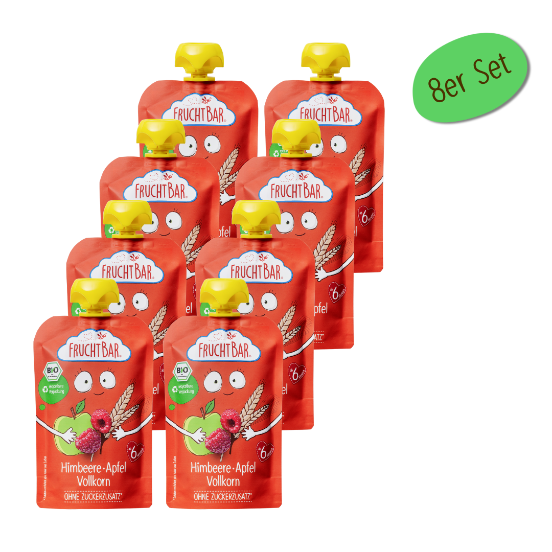 Bio Quetschie Himbeere, Apfel, Vollkorn - FruchtBar - 8er Vorratspack - Vorderseite