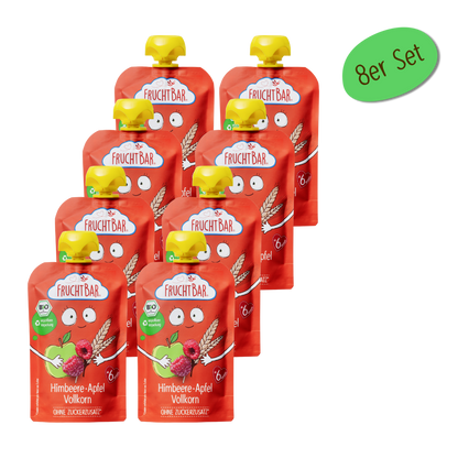 Bio Quetschie Himbeere, Apfel, Vollkorn - FruchtBar - 8er Vorratspack - Vorderseite